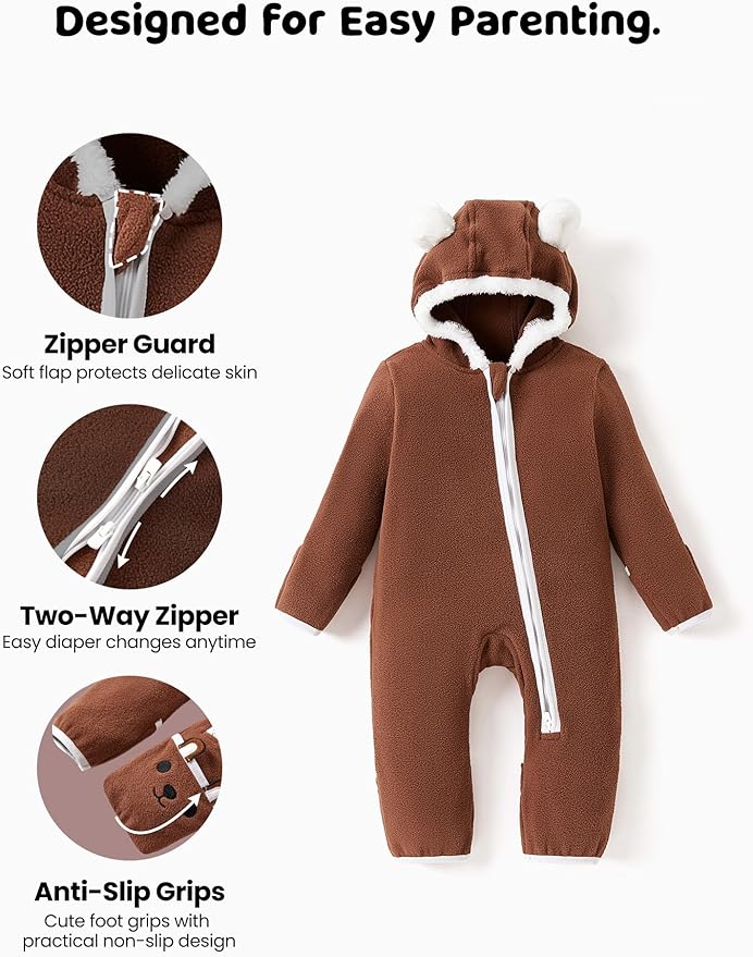 PATPAT Fleece Hooded Footed Clothes, Soft Warm Footie Covers, Car Seat Friendly, Easy Zip,Cute Romper Newborn Infant Jumpsuit