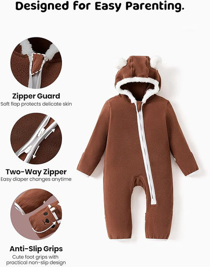 PATPAT Fleece Hooded Footed Clothes, Soft Warm Footie Covers, Car Seat Friendly, Easy Zip,Cute Romper Newborn Infant Jumpsuit