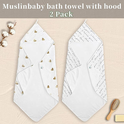 VOOVA & MOVAS 2Pack Baby Bath Towels - 100% Muslin Cotton,300GSM, 32x32 Inches,0-24Months, Super Absorbent Large Towel with Hood for Newborn,Toddler,Infant, Golden Love & Grapheme Love Patten
