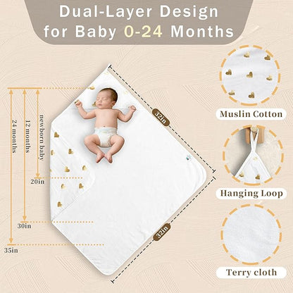 VOOVA & MOVAS 2Pack Baby Bath Towels - 100% Muslin Cotton,300GSM, 32x32 Inches,0-24Months, Super Absorbent Large Towel with Hood for Newborn,Toddler,Infant, Golden Love & Grapheme Love Patten