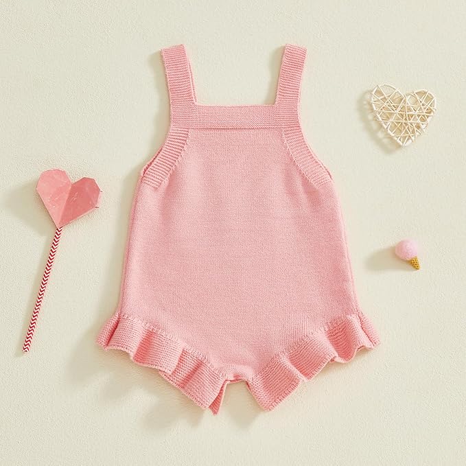 Infant My First Valentines Baby Girl Outfit Newborn Button Heart Embroidery Knit Romper Bubble Bodysuit One Piece