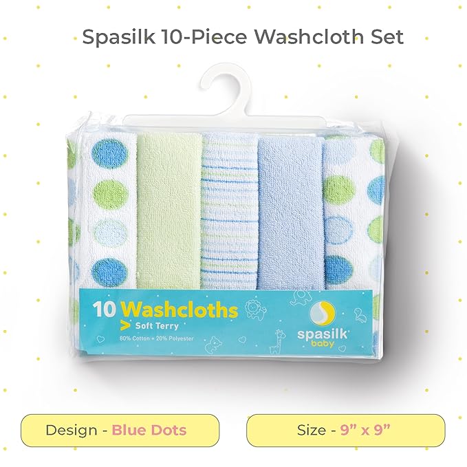 Spasilk 10-Piece Washcloth Set for Newborn Boys and Girls, Soft Terry Baby Washcloths, Baby Essentials, Blue Dots