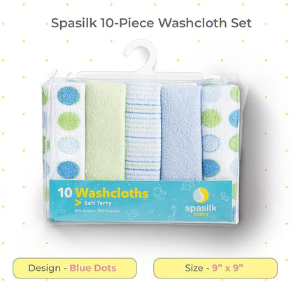 Spasilk 10-Piece Washcloth Set for Newborn Boys and Girls, Soft Terry Baby Washcloths, Baby Essentials, Blue Dots