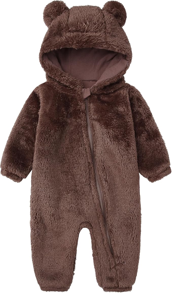 Baby Furry Jumpsuit Infant Bear Onesies Zipper Long Sleeve One-Piece Romper Hoodie Baby Outwear Snowsuit