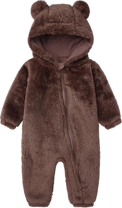 Baby Furry Jumpsuit Infant Bear Onesies Zipper Long Sleeve One-Piece Romper Hoodie Baby Outwear Snowsuit