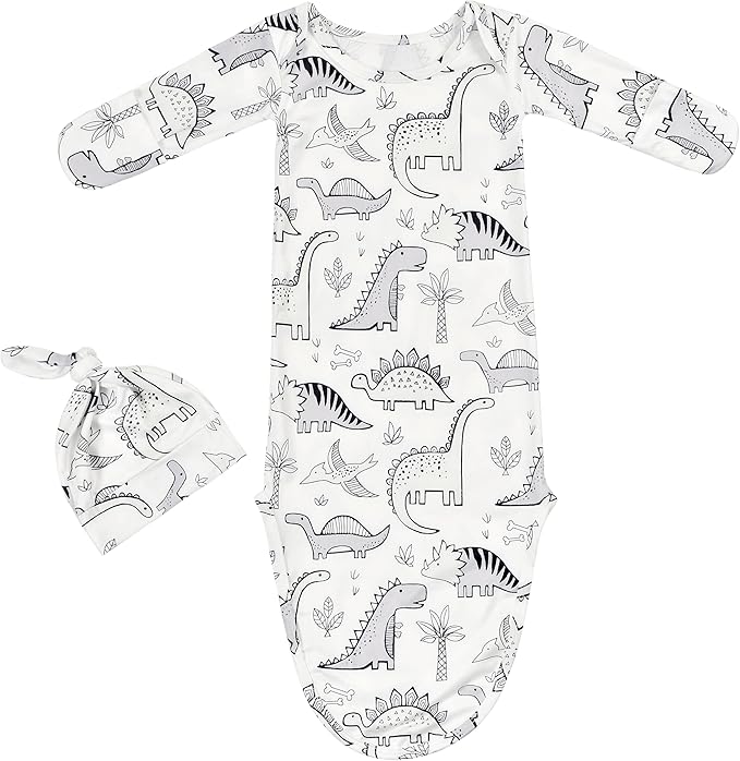 Newborn Baby Boy Long Sleeve Sleeper Gown with Mittens Knotted Gown Coming Home Outfit Nightgown Hat Set 2 Pieces