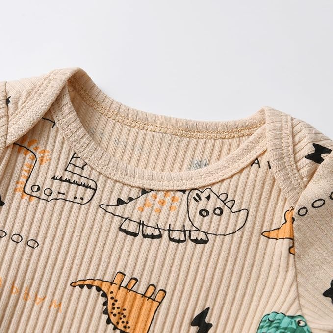 Kulcerry Newborn Baby Boy Clothes Infant Boys Long Sleeve Ribbed Dinosaur Print Bodysuit + Pants + Hat