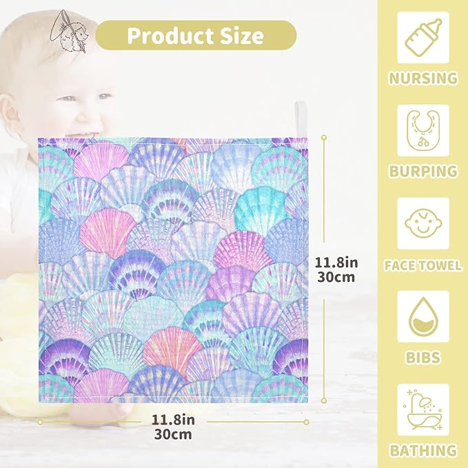 vvfelixl Baby Washcloths Cotton Sea Shell Mermaid Scales Muslin Ocean Soft Face Towel for Newborn Infants Wipes, 11.8 X 11.8 Inch, 3 Pack Pink