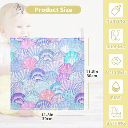 vvfelixl Baby Washcloths Cotton Sea Shell Mermaid Scales Muslin Ocean Soft Face Towel for Newborn Infants Wipes, 11.8 X 11.8 Inch, 3 Pack Pink