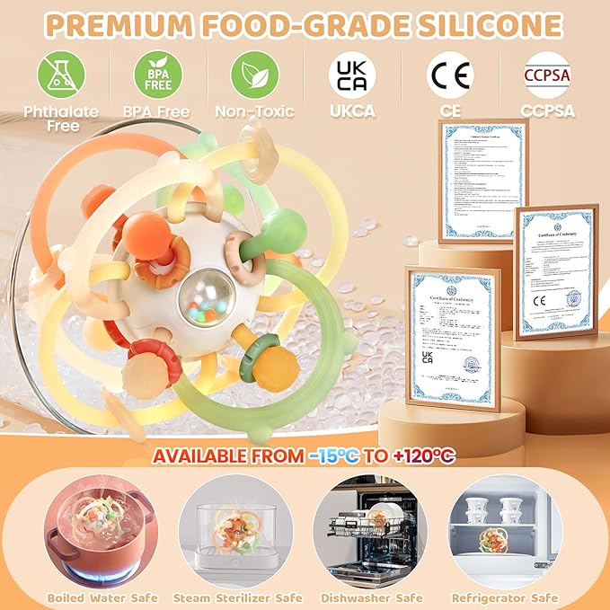 Orzbow Baby Sensory Teething Toys, Infant Montessori Teether Ball, Silicone Baby Rattle Ball Toy, Babies Chew Toys for 3-6-12-18 Months Sucking Needs, Teethers Relief, BPA Free, Brown