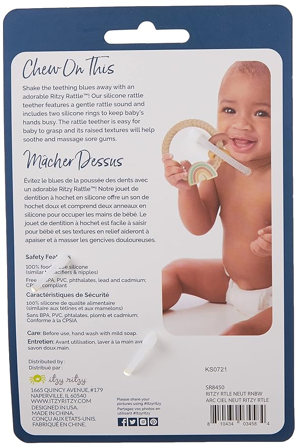 Itzy Ritzy Silicone Teether with Rattle; Rattle Teether Features Rattling Sound, Two Silicone Teething Rings and Raised Texture to Soothe Gums; Ages 3 Months and Up (Neutral Rainbow)