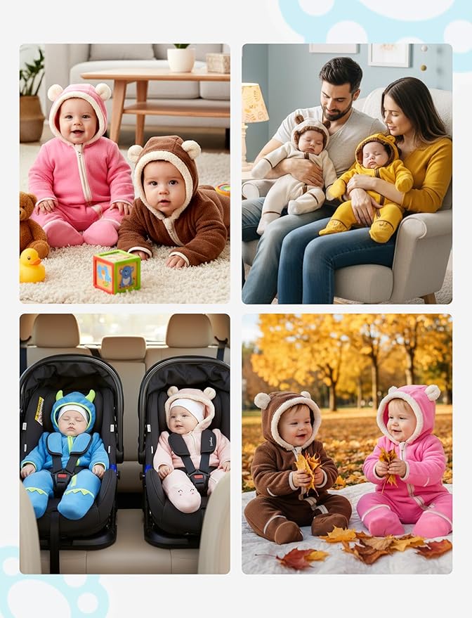 PATPAT Fleece Hooded Footed Clothes, Soft Warm Footie Covers, Car Seat Friendly, Easy Zip,Cute Romper Newborn Infant Jumpsuit