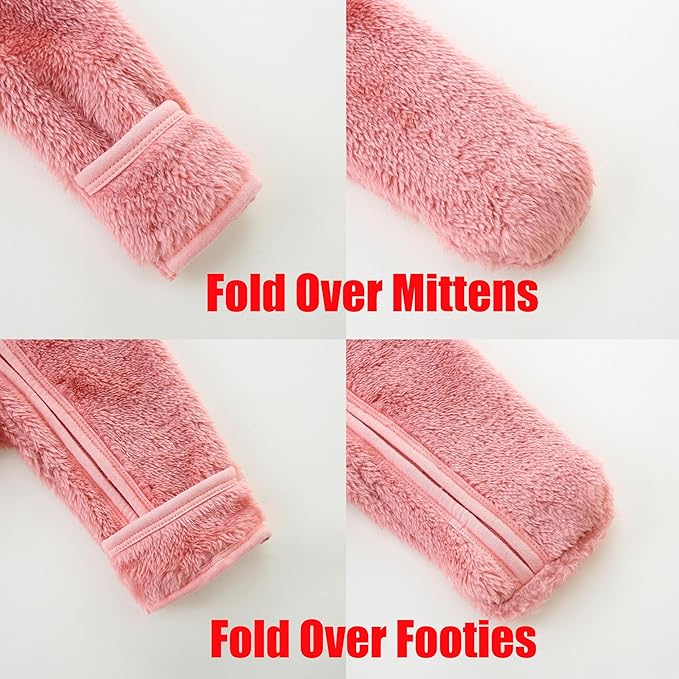 Newborn Baby Fleece Jumpsuit Unisex Infant Bear Hooded Onesie with Mitten Cuffs Winter Warm Snowsuit Outfit