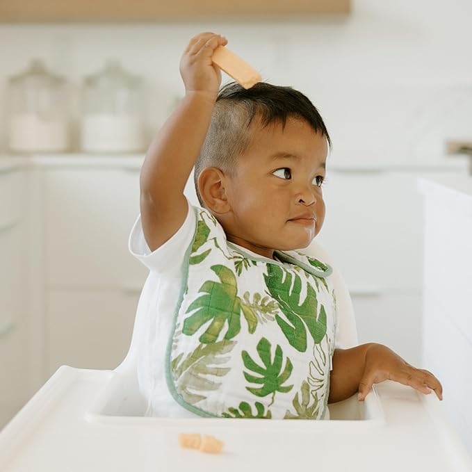 Little Unicorn Premium Classic Bib 3 pack | Adjustable as baby grows | Soft fabric on skin | Great for first time eaters (Tropical Leaf)