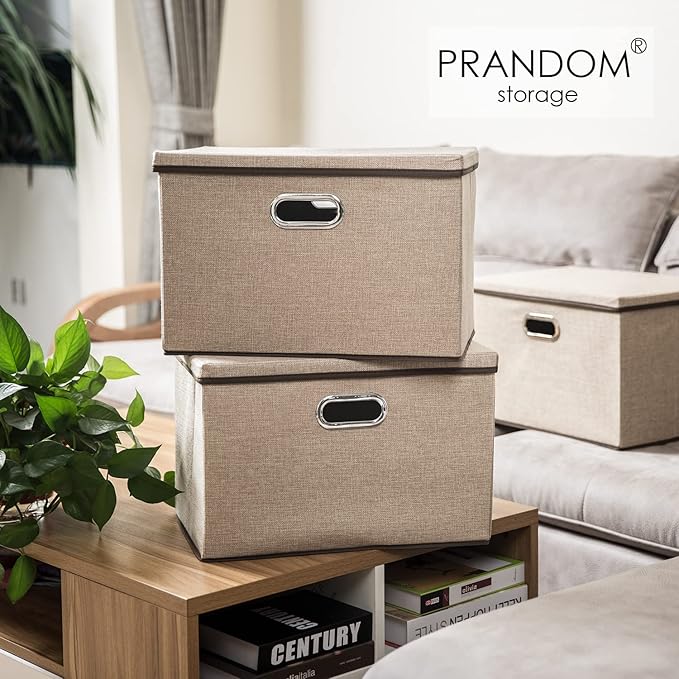 PRANDOM Extra Large Collapsible Storage Bins with Lids [5-Pack] Linen Fabric Foldable Storage Baskets Boxes Organizer Containers Cube with Cover for Bedroom Closet Office Nursery (22.8x15.75x13.8)