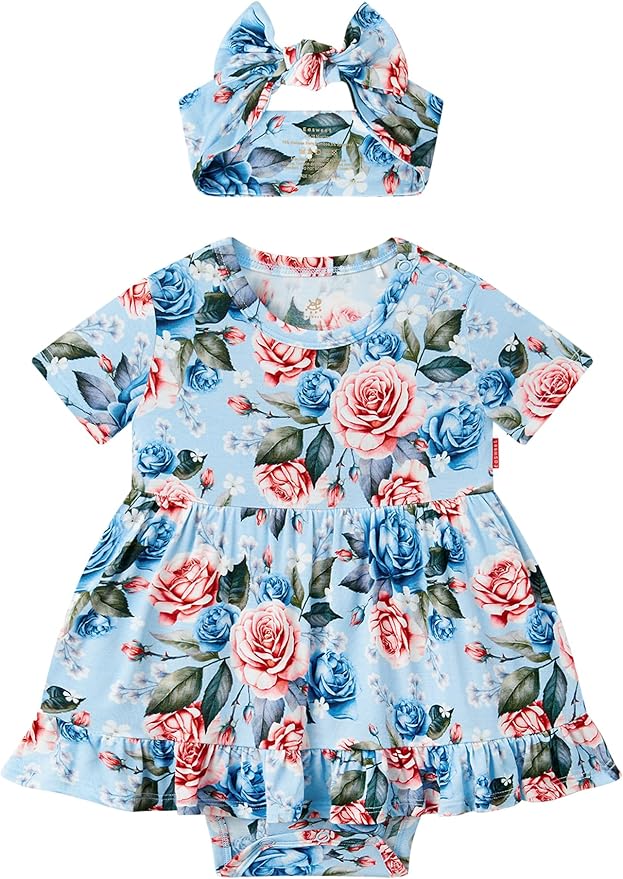 Infant Baby Girl Bodysuit Dress with Hairband Set, Bamboo Viscose Summer Clothes Outfit