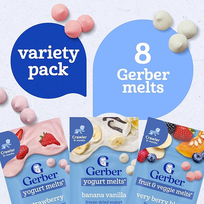 Gerber Stage 3 Baby Food Snacks, Strawberry, Banana Vanilla Yogurt Melts, Very Berry Fruit and Veggie Melts, Baby Led Feeding, 8-Pack