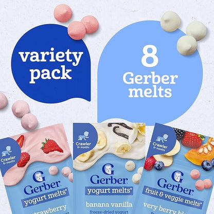 Gerber Stage 3 Baby Food Snacks, Strawberry, Banana Vanilla Yogurt Melts, Very Berry Fruit and Veggie Melts, Baby Led Feeding, 8-Pack
