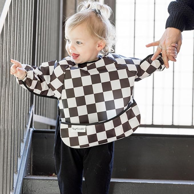 Tiny Twinkle Long Sleeve Bib for Babies & Toddlers | 2-Pack Waterproof Smock Bib for Eating | Machine Washable & Mess-Proof Feeding Essentials | Newborn Shower Gift (Black,Sage Checkers, 6-24M)