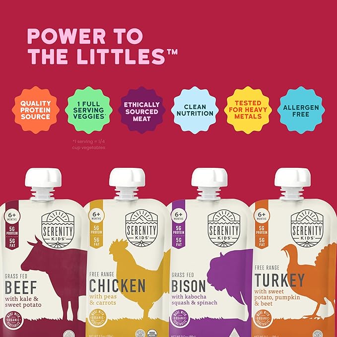 Serenity Kids 6+ Months Baby Food Pouches - Nutrient-Packed Meat Puree with 5g Protein - Organic Baby Food with Ethically Sourced Meat & Veggies - Convenient On-the-Go Toddler Snacks - 3.5 Oz, 8 Pack