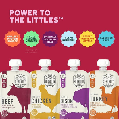 Serenity Kids 6+ Months Baby Food Pouches - Nutrient-Packed Meat Puree with 5g Protein - Organic Baby Food with Ethically Sourced Meat & Veggies - Convenient On-the-Go Toddler Snacks - 3.5 Oz, 8 Pack