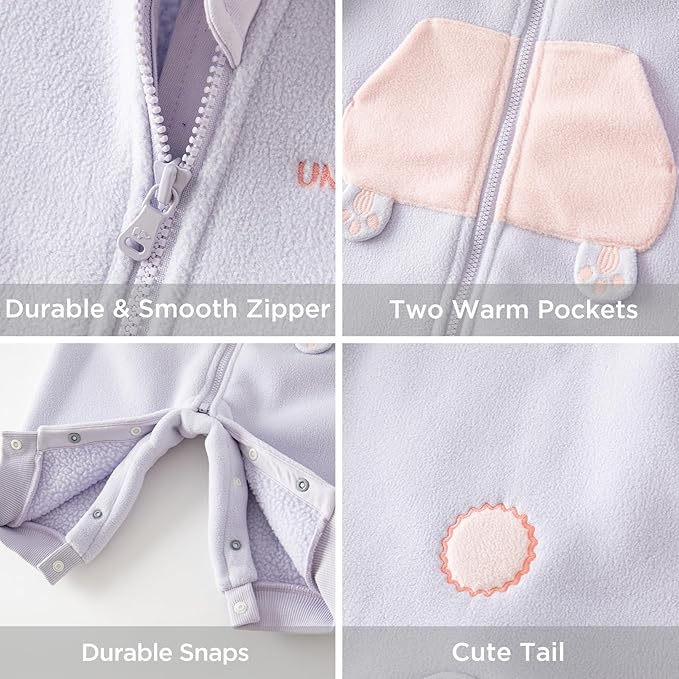 DAVE&BELLA Animal Jumpsuit for Baby Boy Girl, Hooded Winter One-Piece Romper Zip Up Fleece Infant Bodysuit with Snap Closure