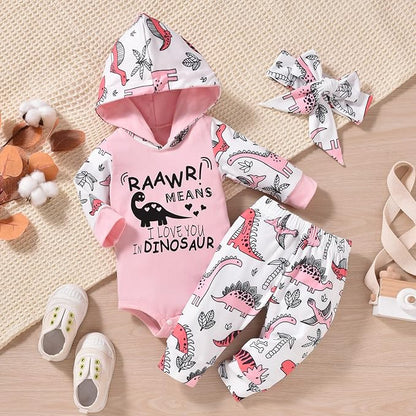 Newborn Infant Baby Girl Dinosaur Outfit Long Sleeve Hoodie Romper Bodysuit and Pants with Headband Set