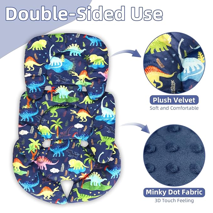 Infant Car Seat Insert Cushion, Baby Car Seat Head Body Support for Girls & Boys, Reversible Newborn Car Seat Insert with 2 Extra Strap Paddings, Premature Car Seat Cushion, Dinosaur