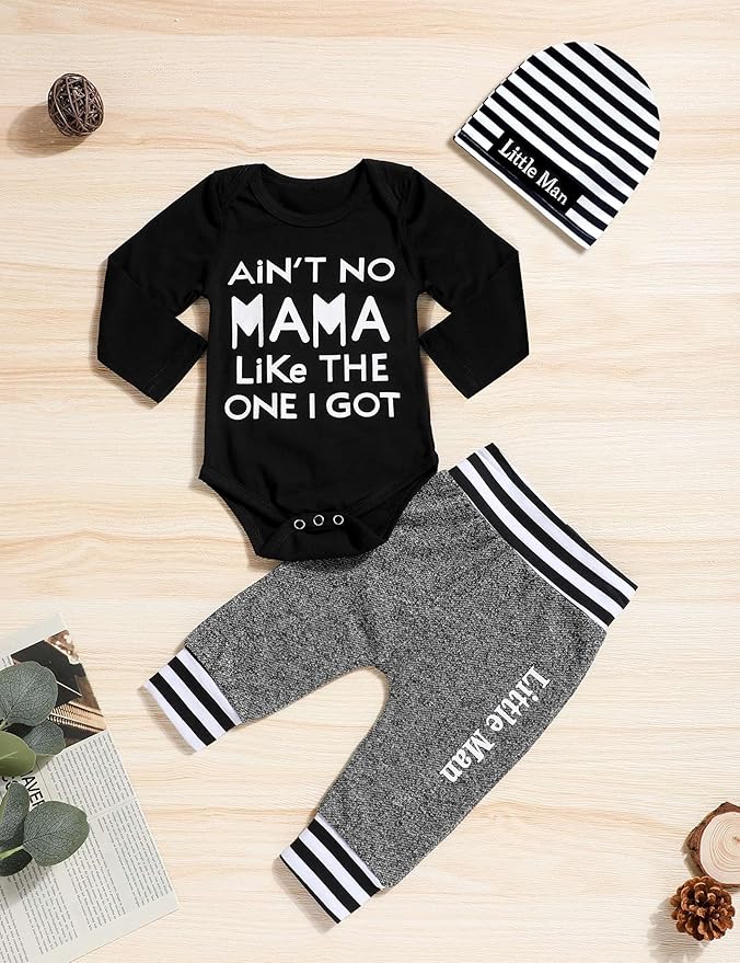 Fommy Newborn Baby Boy Clothes New to The Crew Letter Print Romper+ Pants+Hat 3PCS Outfit