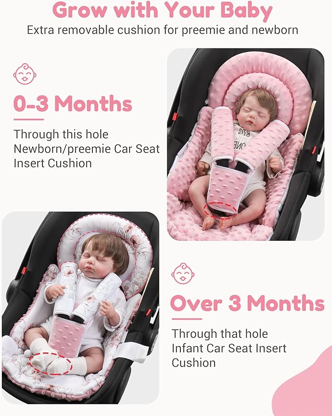 Infant Car Seat Insert with Removable Cushion for Baby Preemie Newborn Infant, Reversible carseat Insert Head Body Support Fits for Stroller, Baby Swing, Rocker, Bouncer, Bassinet - Pink