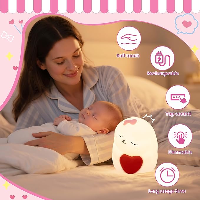Night Light for Kids, Rechargeable Dimmable Silicone LED Nightlight with 7 Colors, Baby Nursery Night Lamp, Touch Squishy Lamp, Cute Gifts for Girls, Boys, Toddler Room Decor, Rabbit
