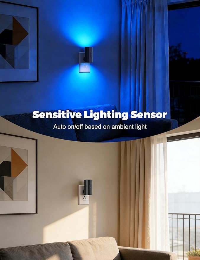 Night Light, 2-Pack Dimmable Plug-in Night Light with Auto On/Off & 90°Rotatable Plug, 0-100LM Adjustable Brightness, 1W Ultra Low Energy for Bedroom, Hallway, Bathroom, Nursery, Kids, Blue