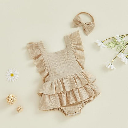 Thorn Tree Baby Girl Summer Clothes Newborn Outfit Ruffle Romper Infant Baby Dress Bow Headband Solid Cute Outfits Girls