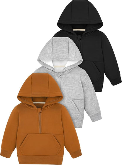 Cooraby 3 Packs Baby and Toddler Boys Long Sleeve Full-Zip Hoodies Infant Fleece Hooded Sweatshirts Jacket with Pouch Pockets