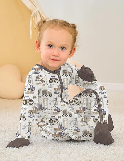 Jimonda Bamboo Baby Boys Romper Fold-Over Footies and Mitten Pajamas Long Sleeve Sleeper Girl Footless Clothes 3-Packs