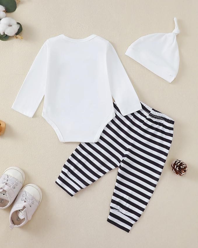 Baby Boy Clothes Infant Newborn Fall Winter Outfits Long Sleeve Letter Print Romper + Hat + Pants Set