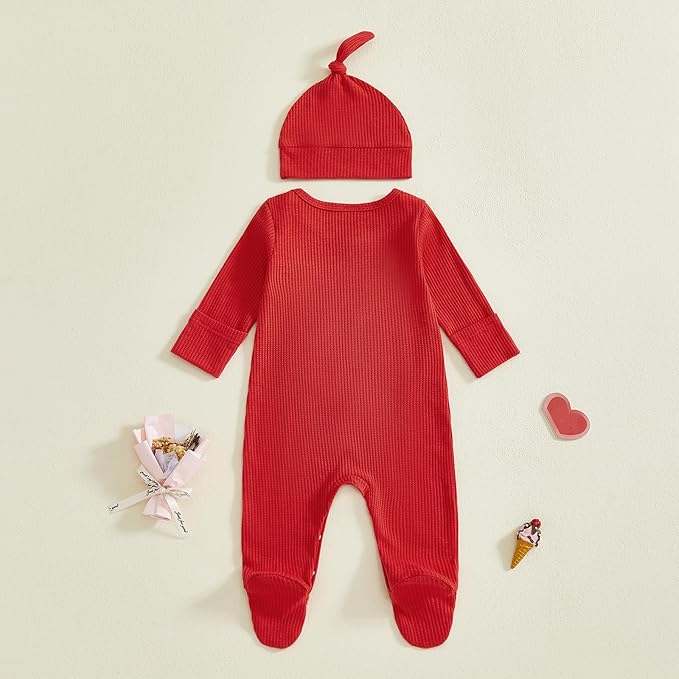Baby Valentines Outfit Girl Boys Long Sleeve Footie Rib Onesie knot Hat Spring Clothes Newborn Outfits Infant Set