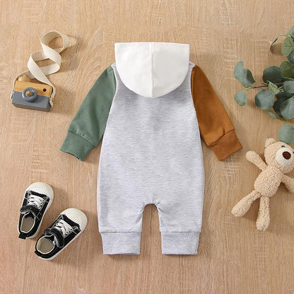 BemeyourBBs Newborn Baby Boy Clothes Color Block Long Sleeve Zipper Hooded Romper with Pocket Fall Winter One Piece Outfits