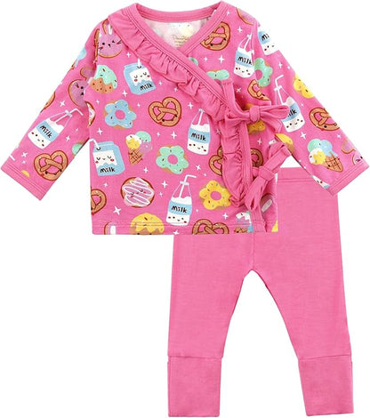 Newborn Baby Girls Clothes-Viscose Made from Bamboo, Long Sleeve Kimono Top and Pants Set Soft Infant Outfits