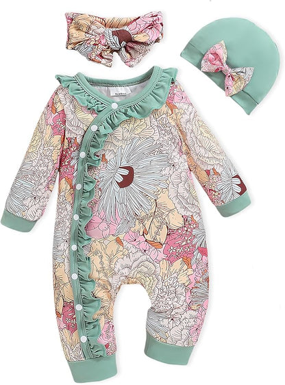 Newborn Baby Girl Clothes Infant Floral Print One-Piece Romper+Jumpsuit+Bodysuit+Hat+Headband