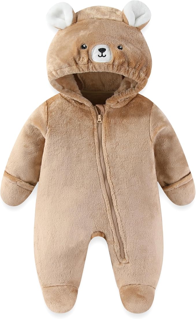 JiAmy Baby Snowsuit Baby Bear Hooded Onesie With Fold-Over Newborn Animals Fleece Outifts Thin Fall Winter Outfits