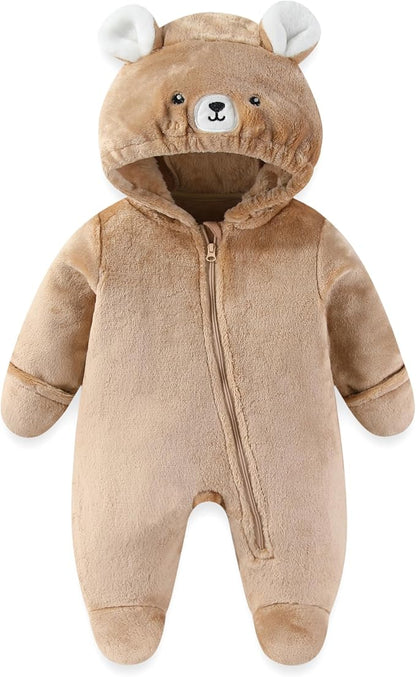 JiAmy Baby Snowsuit Baby Bear Hooded Onesie With Fold-Over Newborn Animals Fleece Outifts Thin Fall Winter Outfits