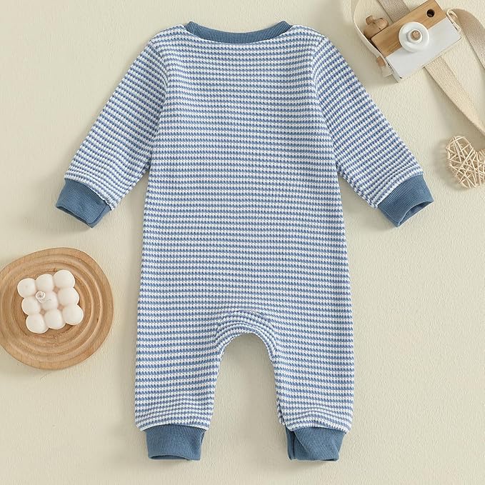 VISGOGO Newborn Infant Baby Boy Waffle Cotton Romper Clothes Onesie Stripe Jumpsuit 0 3 6 12 18 Months Long Sleeve Outfits