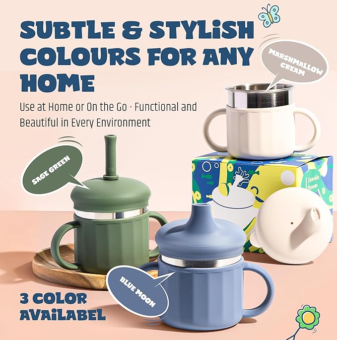 Jumble Dream Baby & Toddler Stainless Steel Sippy Cup Silicon Training Stainless Steel Kids Cups with Straw, Babies Tumbler with Straw No Spill | 6-24 Month Toddler Sippy Cup (Sage Breeze)