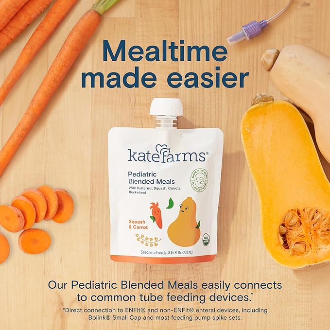 KATE FARMS Organic Pediatric Blended Meal, Squash and Carrot, 8g protein, organic whole foods, oral or tube feed nutrition, Gluten Free, Non-GMO, 8.45 oz (12 Pack)