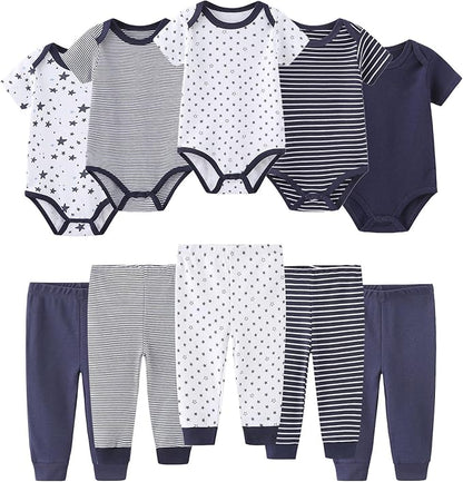 Baby Bodysuit and Pant Set 10-pcs Cotton Soft Newborn Boy Girl Clothes Outfits