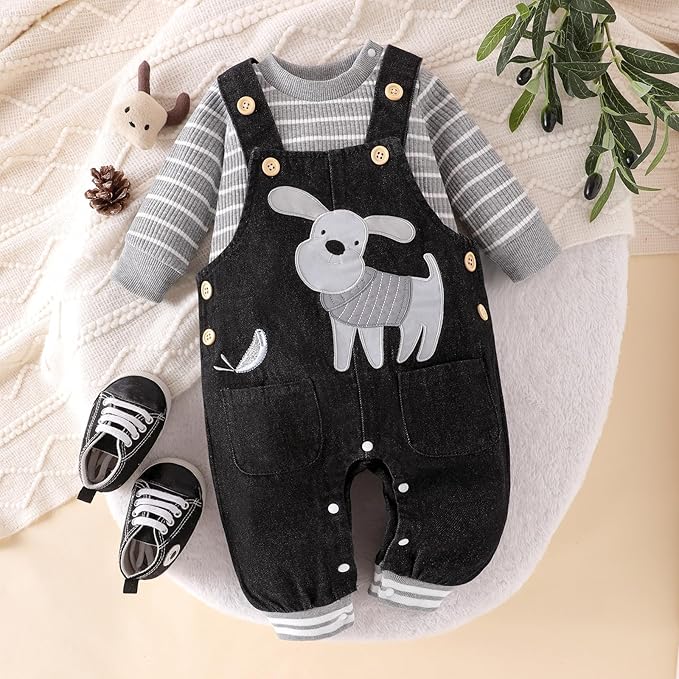 Baby Boy Clothes Fall Winter Outfits Long Sleeve Striped Romper Cute Cartoon Jeans Overalls Pants Set 0-18 Months