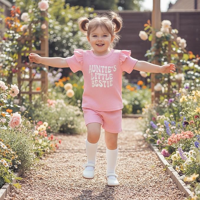Toddler Baby Girl Summer Clothes Ruffle Waffle T Shirt Tops Shorts Set Auntie's Little Bestie Infant Cute Outfits