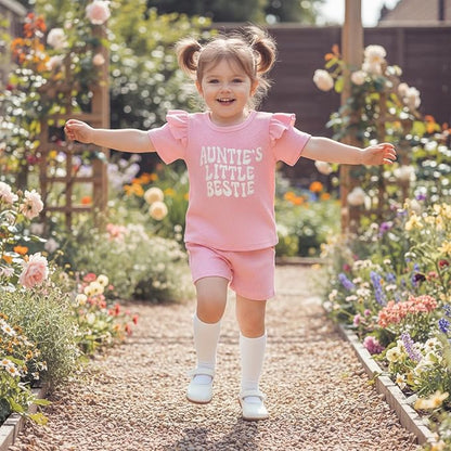 Toddler Baby Girl Summer Clothes Ruffle Waffle T Shirt Tops Shorts Set Auntie's Little Bestie Infant Cute Outfits