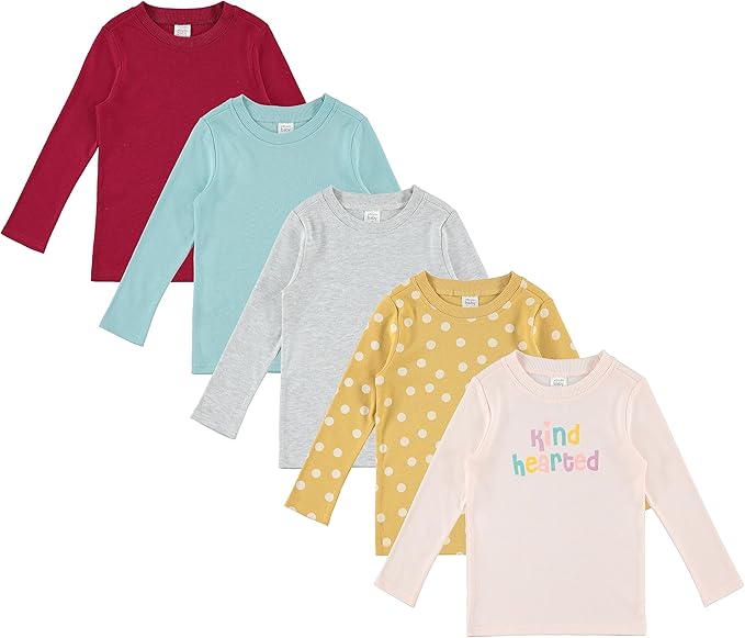 Cudlie 5-Pack Infant/Toddler Girl Long Sleeve Shirt - Basic Baby Tees, Blouses, Tops - Solid Print & Ruffled Tshirts